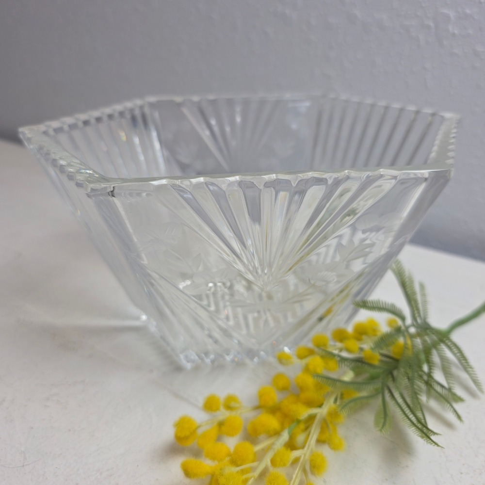 Vintage Hexagon‎ Clear Pressed Glass Bowl Ribbed Frosted Floral Art Deco Style